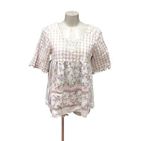 【中古】ハンブル・バイ・パラビオン Hamble by Par Avion ブラウス 切替 ギンガムチェック 花柄 五分袖 ONE 白 ホワイト 茶 ブラウン /YK レディース 【ベクトル 古着】 240504