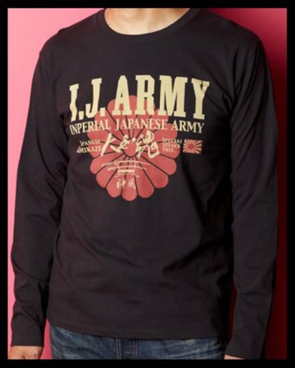 【日本軍 ミリタリー 旭日旗】十六菊家紋　I.J.ARMY　日章旗デザイン　長袖Tシャツ