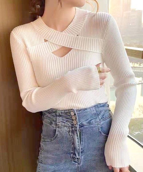 フロントクロスリブニット レディース トップス 長袖 無地 秋服 冬服 10代 20代 30代 韓国ファッション 韓国 セクシー 大人女子 シンプル 肌見せ